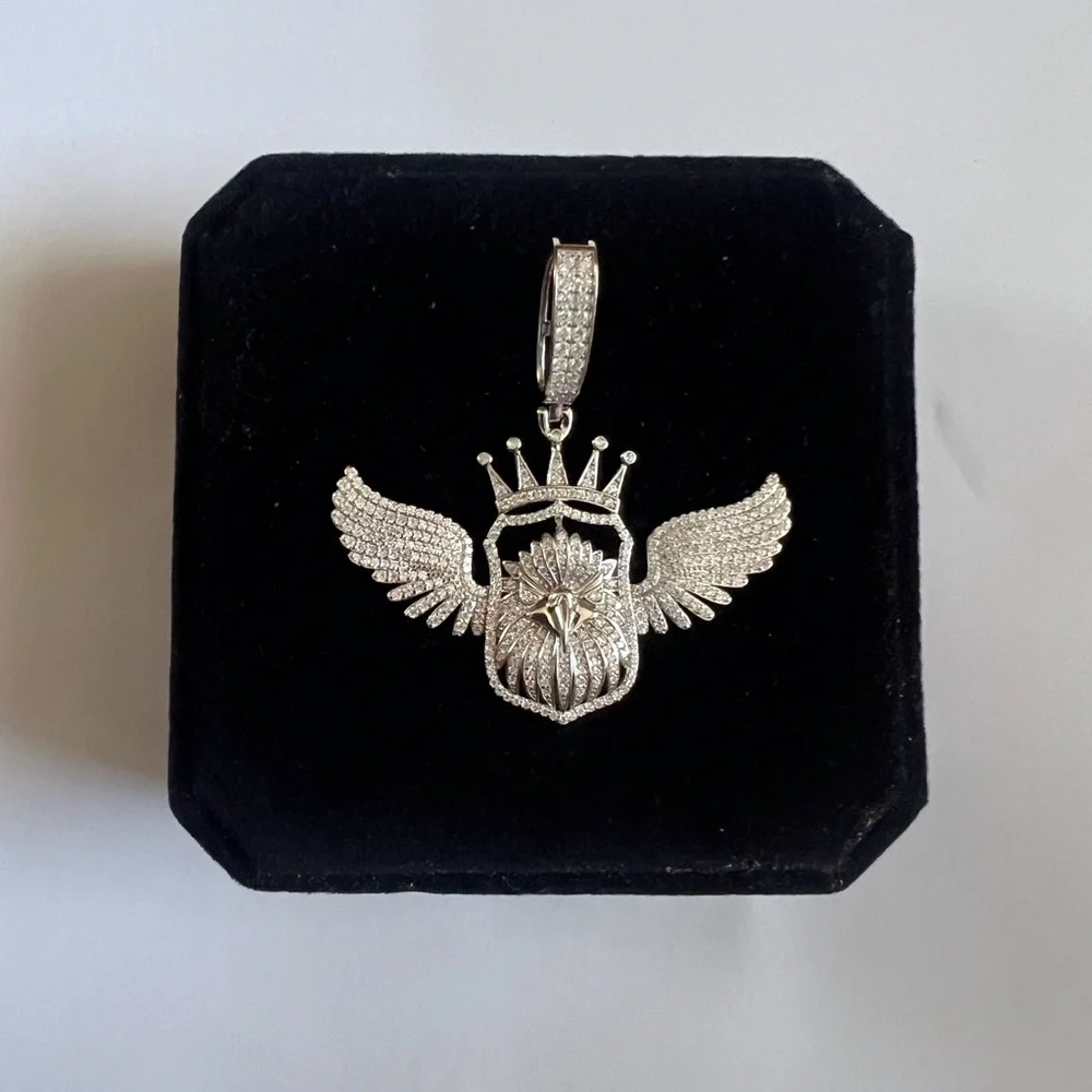 925 Sterling Silver Pave 2.90CT MOISSANITE  Winged Crown Eagle Men’s Pendant